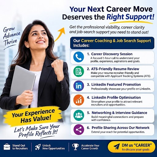 Career coaching and job search support: career discovery, ATS-friendly resume review, LinkedIn optimisation, networking and interview guidance